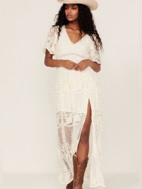 Shyanne Cream Lace Embroidered Maxi Dress from Boot Barn